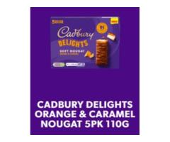 CADBURY DELIGHTS ORANGE & CARAMEL 91 CALORIE CHOCOLATE NOUGAT BAR 5 PACK MULTIPACK, 110G